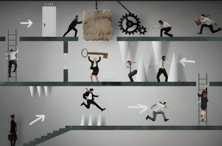 people completing an obstacle course in a corporate setting, symbolizing difficulties